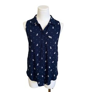 Y2K Abercrombie & Fitch Navy Sleeveless Blouse Bulldog Novelty Print